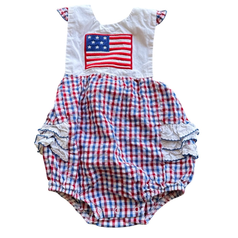 Classic Whimsy Baby Girl Patriotic American Flag Gingham Ruffle Romper 18M